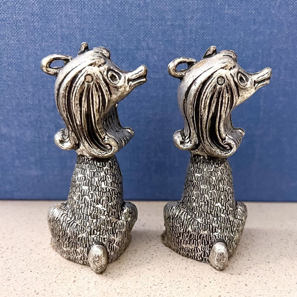 Pair Silver Finish 3in Poodle Afghan Dog Figurine Signed Italy Vintage Ribbon - Picture 3 of 6